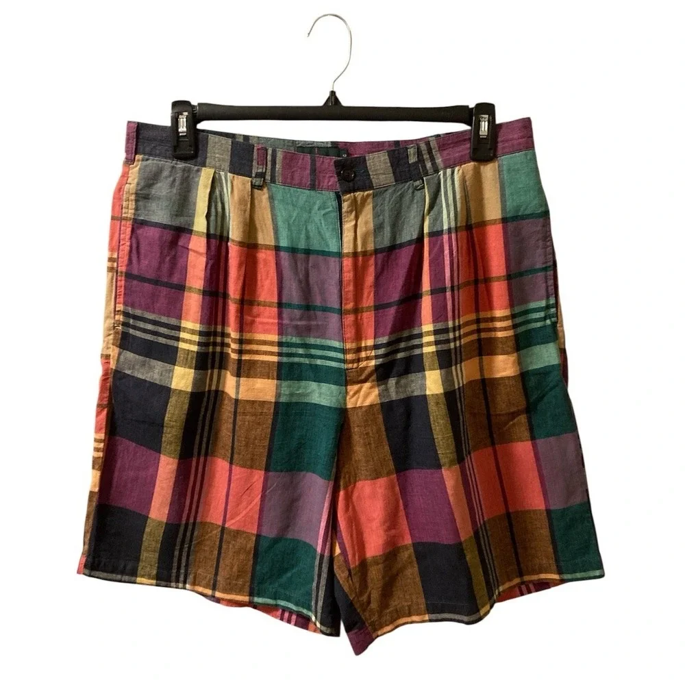 VINTAGE‎ Mens Shorts J CREW multicolor Madras Plaid cotton 36 Tennis Preppy