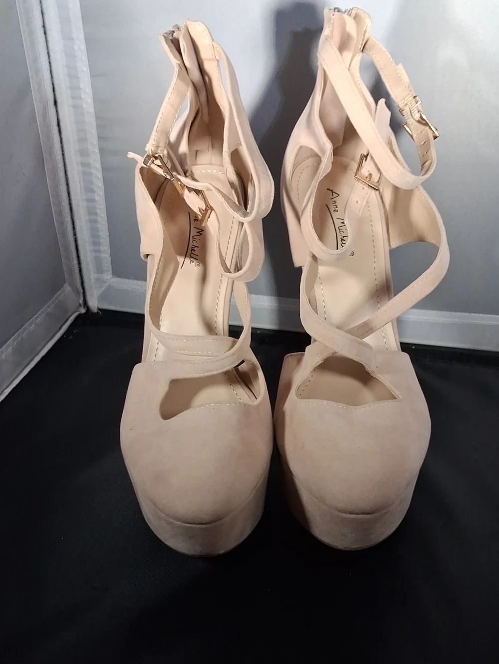 Anne Michelle Blush Nude Platform Crisscross Ankle-Strap Heels