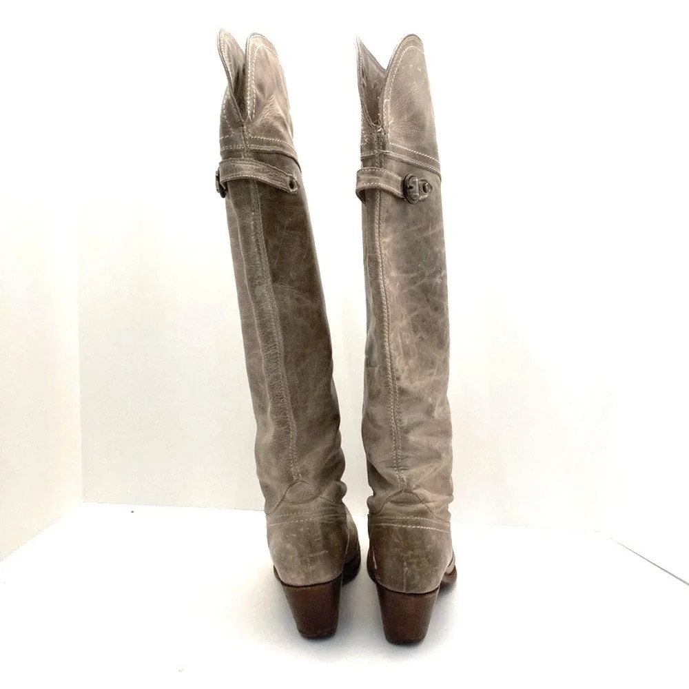 Frye Jane Leather Boots Distressed Taupe Womens 6B‎ 77594 Fold Over Cuff OTK