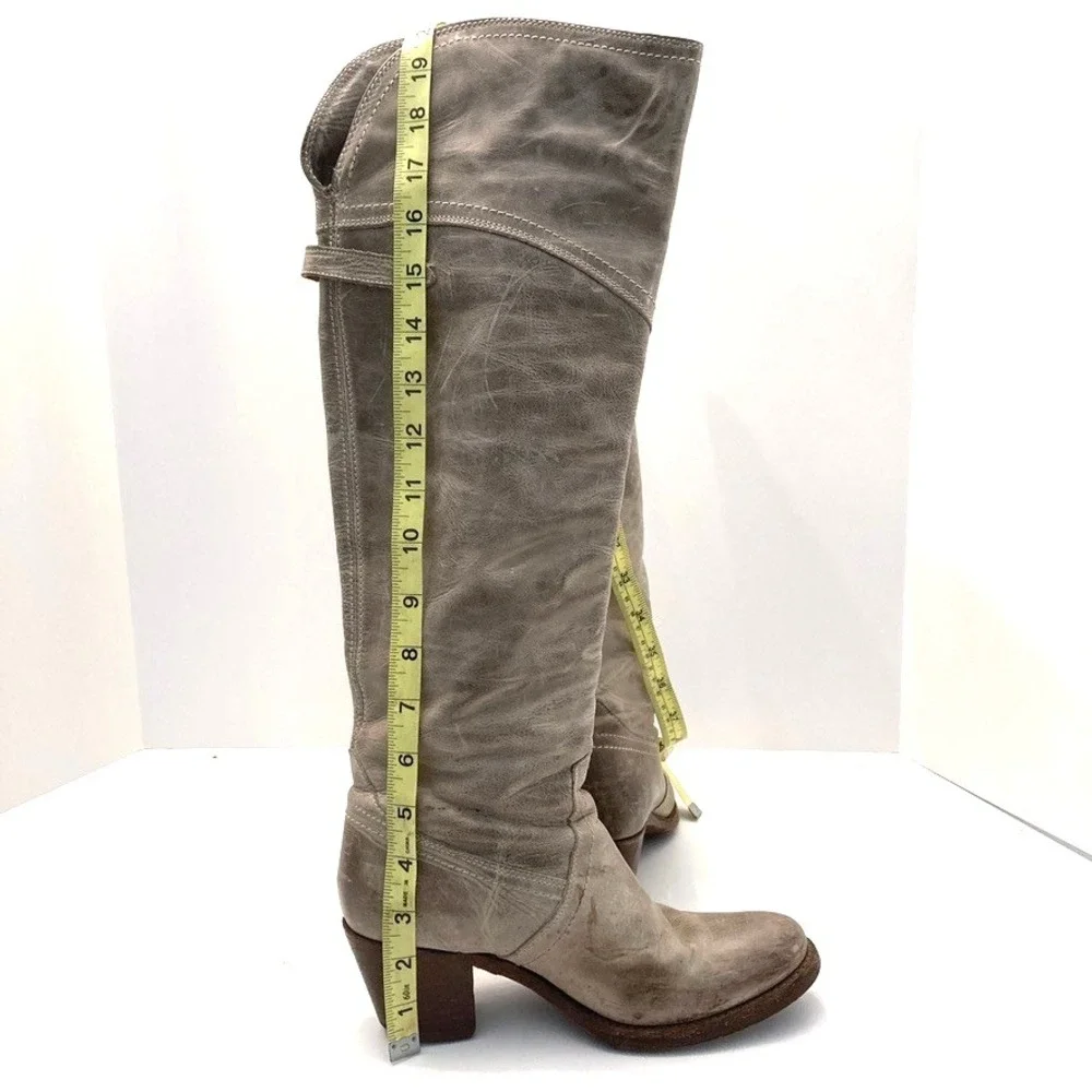 Frye Jane Leather Boots Distressed Taupe Womens 6B‎ 77594 Fold Over Cuff OTK