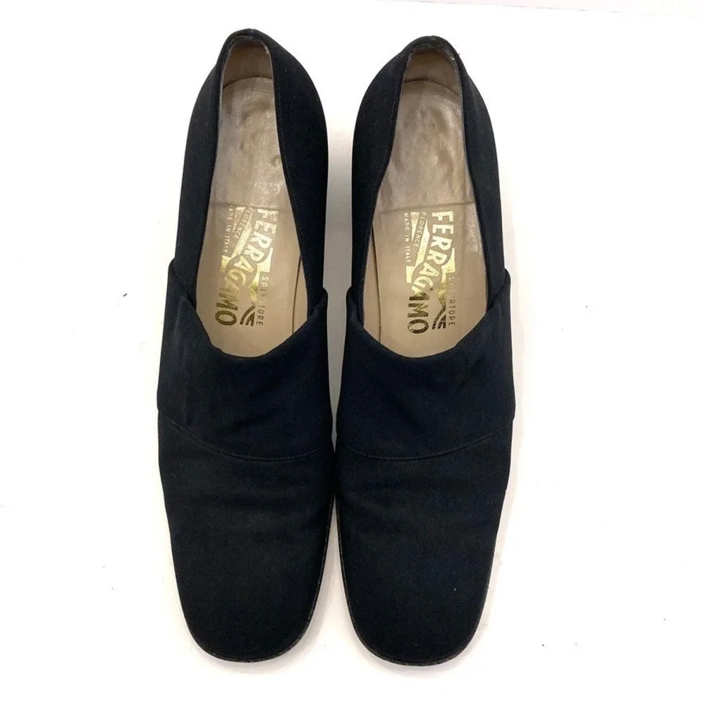 Salvatore Ferragamo Black Fabric‎ Block Heels Womens 10 AA Narrow Careerwear