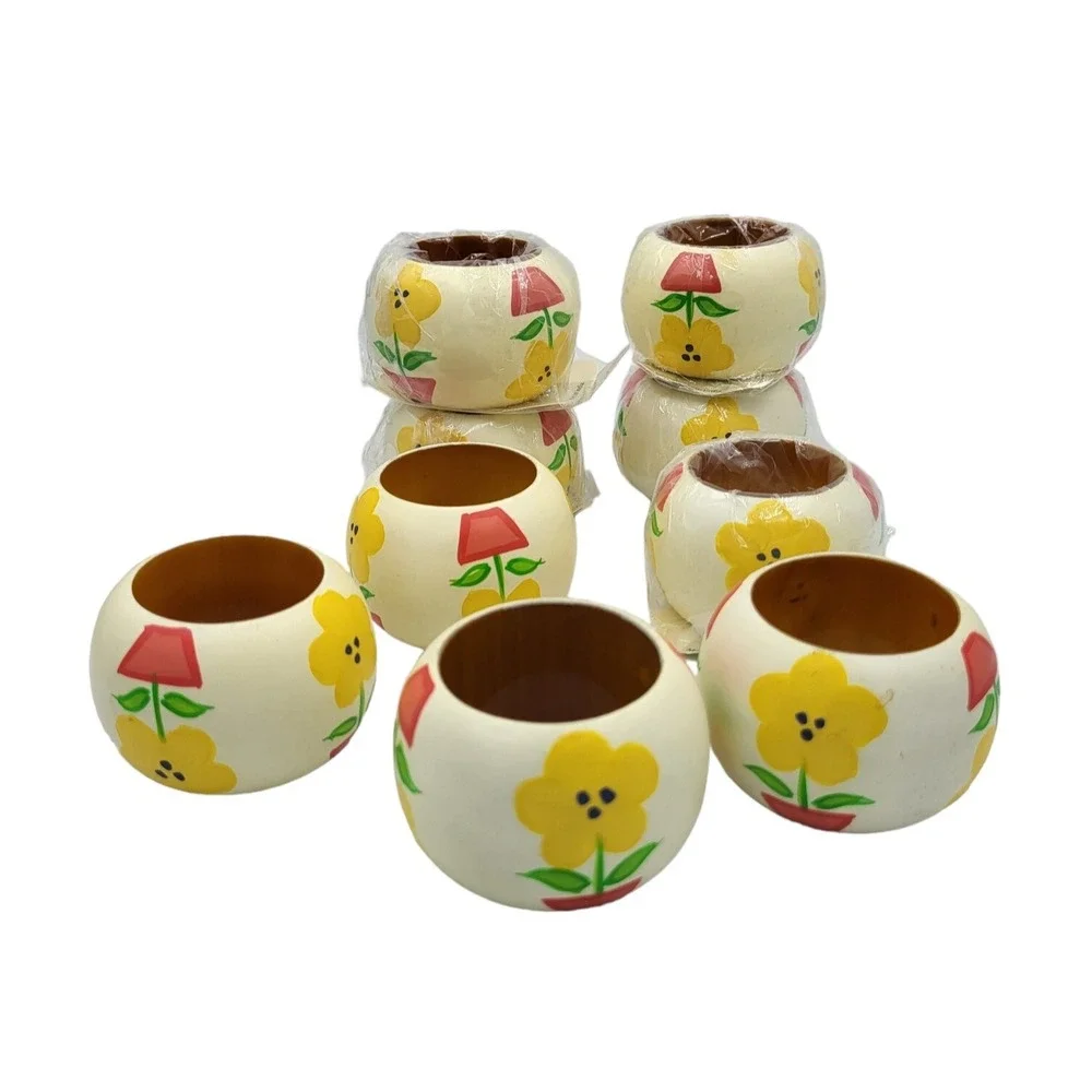 Set of 9 American Home Collection Handpainted Flower Pots Napkin‎ Rings Holders