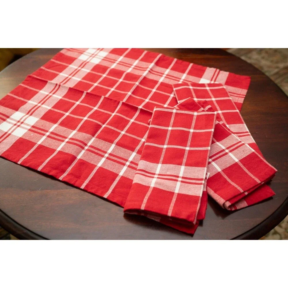Set Of 4 Cotton White Red Plaid Napkins 4th Of July Tableware