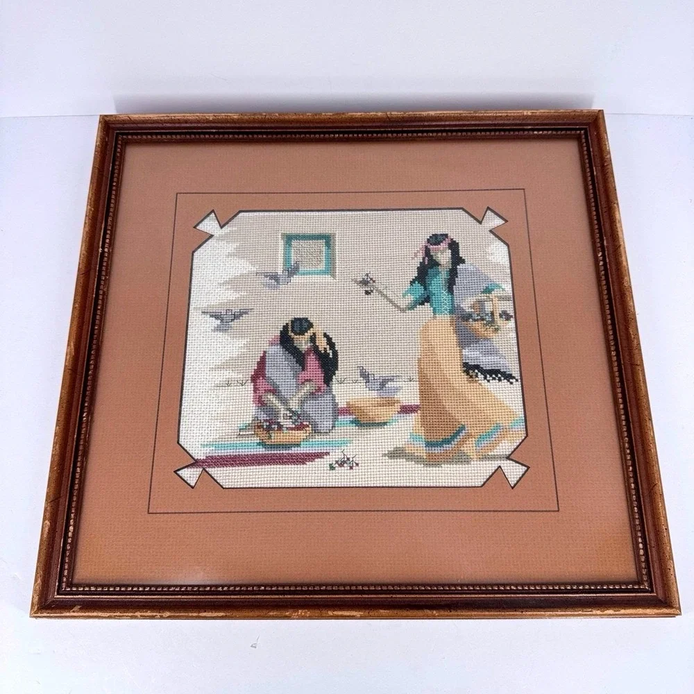 Framed Hand Stitched Needlepoint Southwest Scene Wall Art Brown Frame‎ 14x15