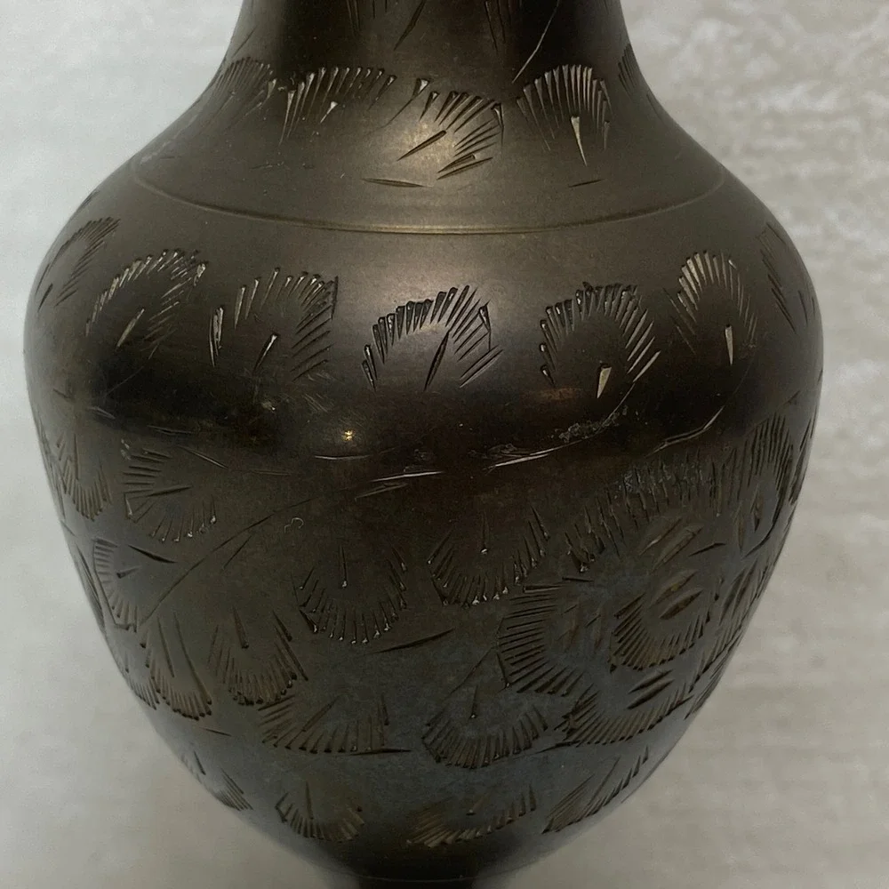 Vintage Brass Vase Etched Floral Design Ornate‎ Trumpet Neck Pedestal Base Decor