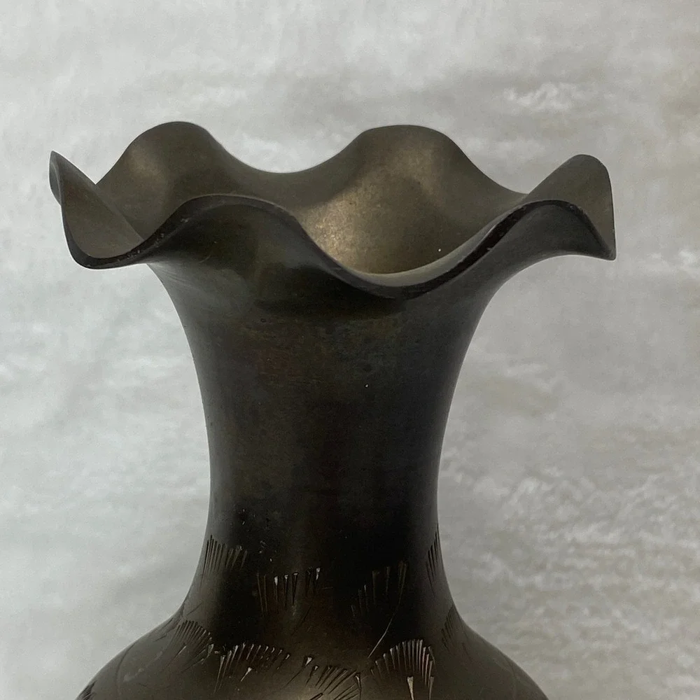 Vintage Brass Vase Etched Floral Design Ornate‎ Trumpet Neck Pedestal Base Decor