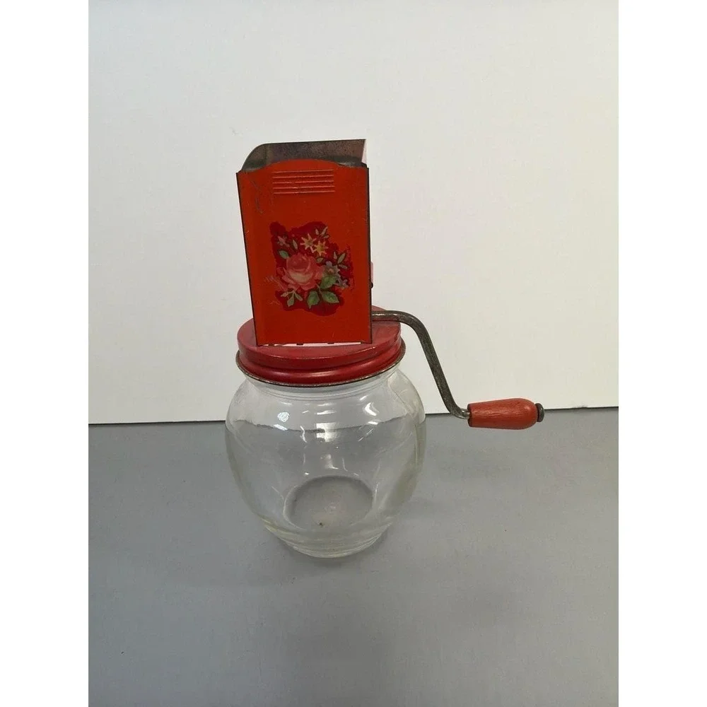 Vintage Androck Nut Meat Chopper with Red Floral Decal and Hazel-Atlas Glass Jar