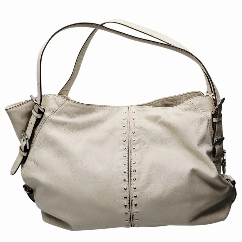 Michael Kors Ivory Leather Shoulder Bag Hobo Purse Studded Buckle Strap MK