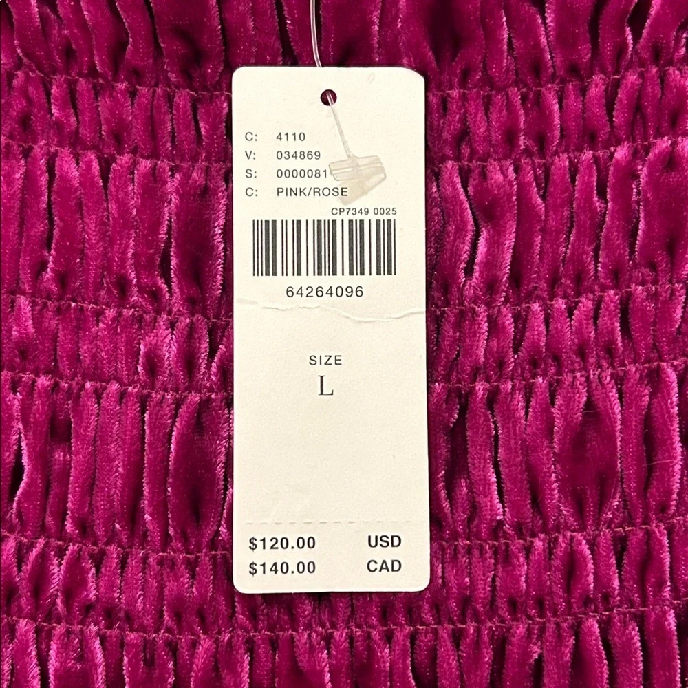 Anthropologie Velvet Smocked Puff Sleeve Peasant Top In Pink/Rose NWT Size Large