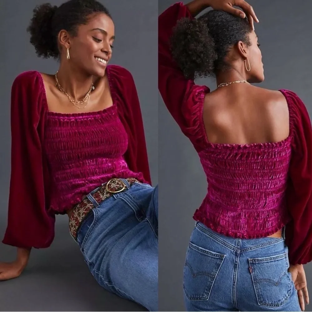 Anthropologie Velvet Smocked Puff Sleeve Peasant Top In Pink/Rose NWT Size Large