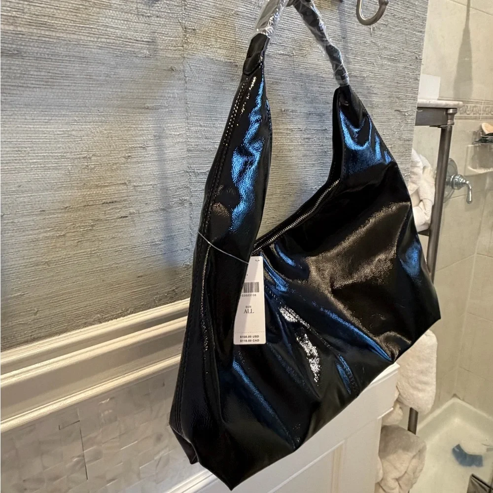 NWT new Anthropologie shiny faux patent leather tote bag purse black