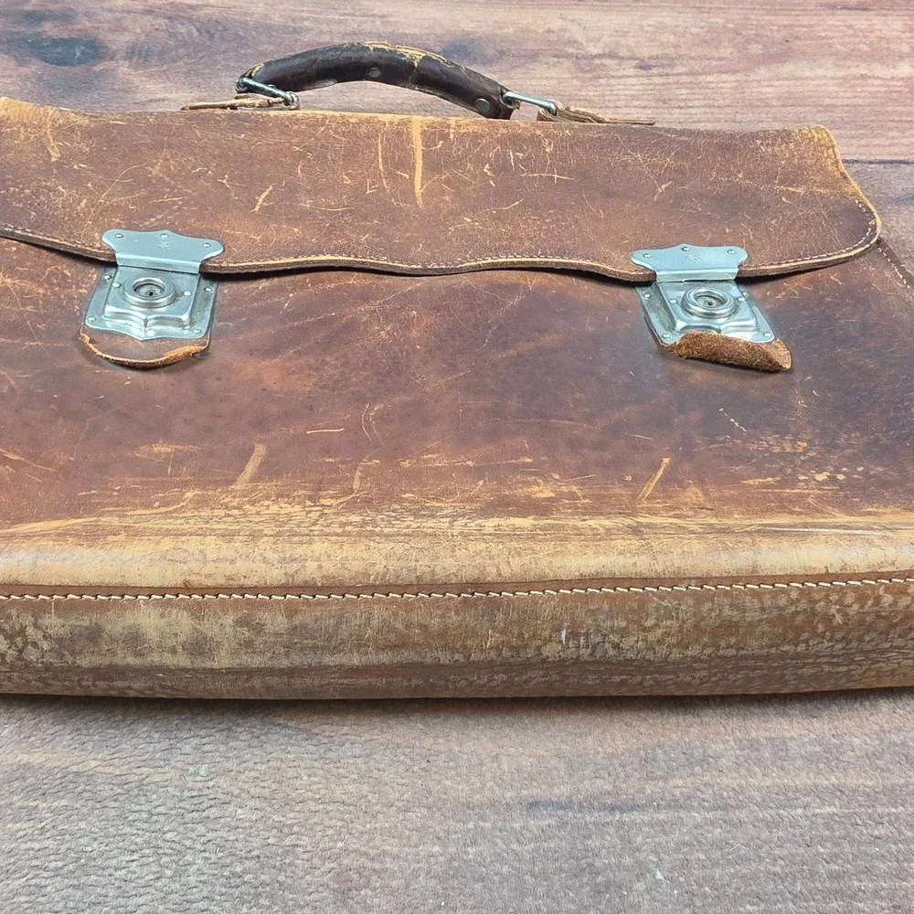 Vintage Leather Briefcase Mens Large Brown Good Patina Satchel Bag