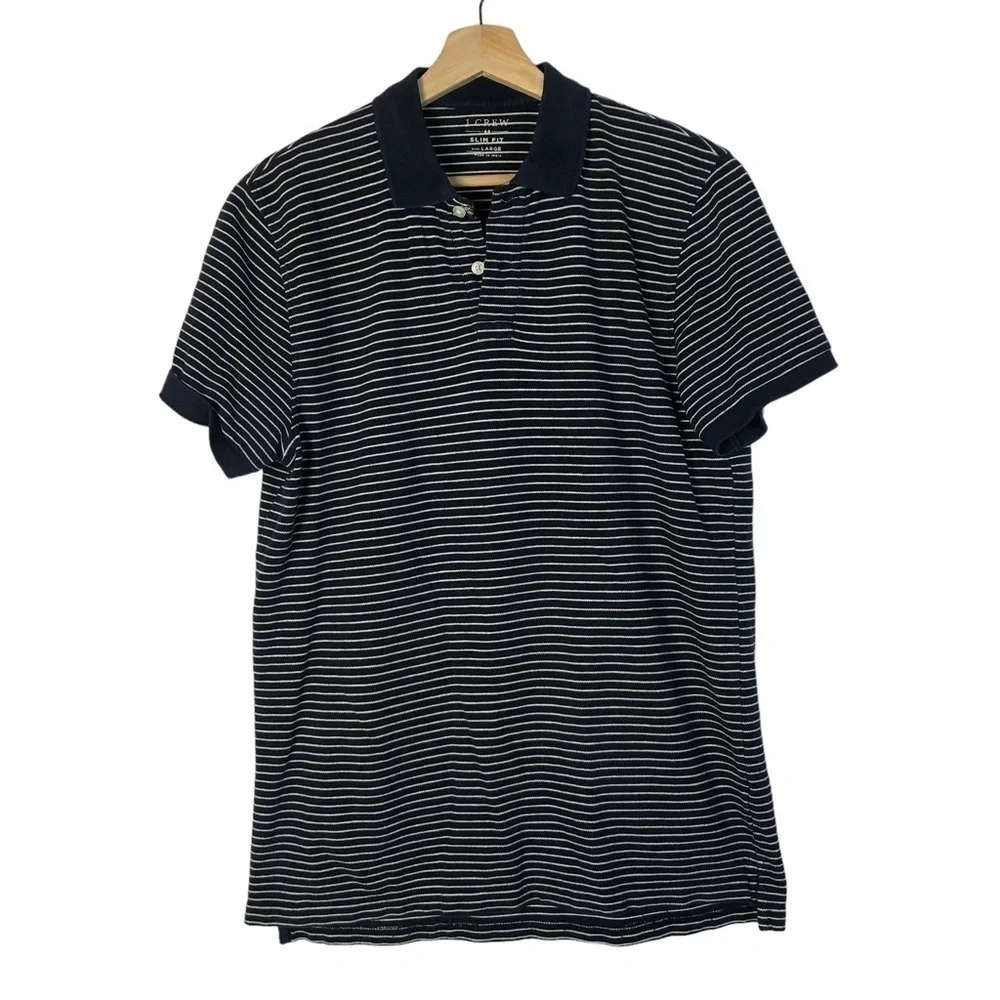J. Crew Slim Striped Pique Polo Navy Blue &‎ White Stripe Short Sleeve Polo L