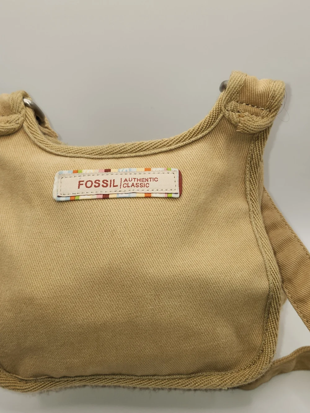 Vintage Y2K Tan Khaki Fossil Small 90's Boho Casual Canvas Crossbody Purs