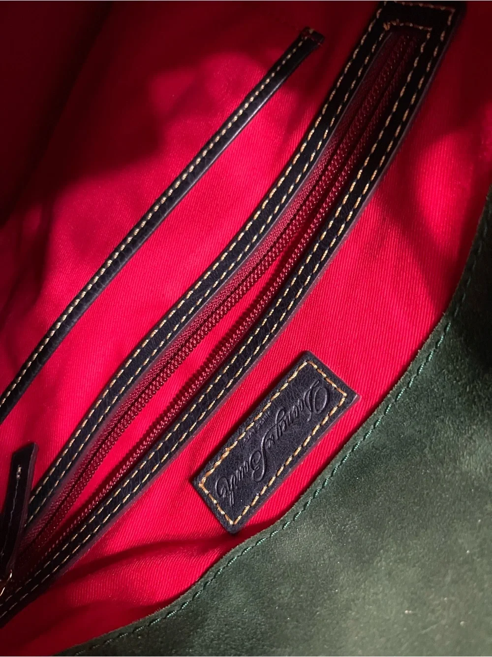 Dooney & Bourke Dark Brown Leather Hobo with Red Zip and Tan Strap