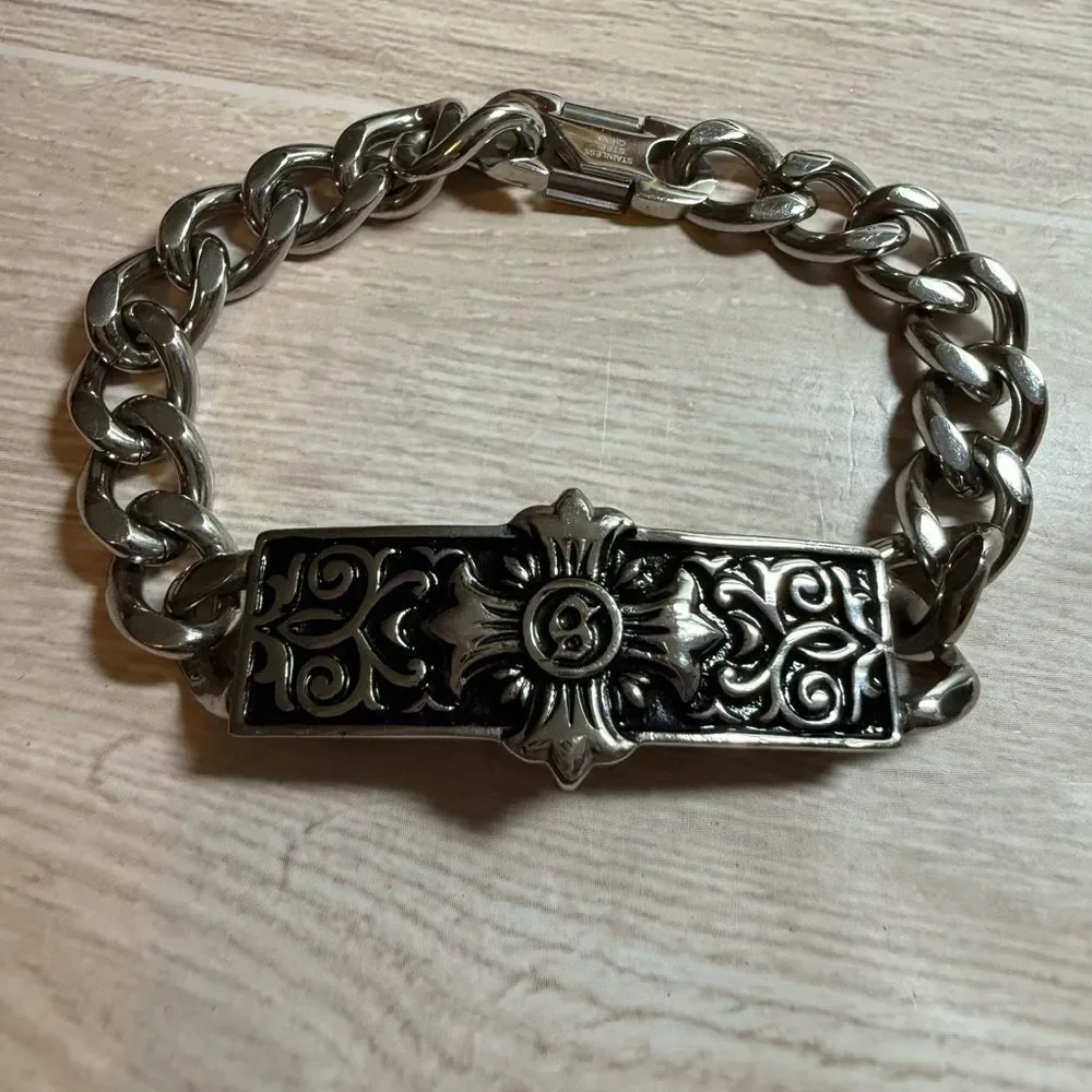 Men’s Stainless Steel Biker Bracelet Gothic Cross Plate Chunky Cuban Chain