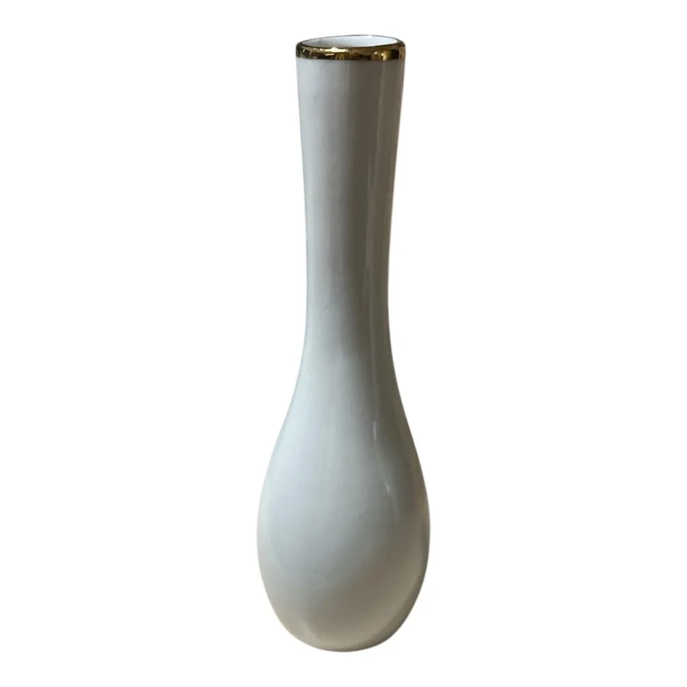 Vintage Knoll International White Ceramic Bud Vase Gold Rim Mid Century Modern