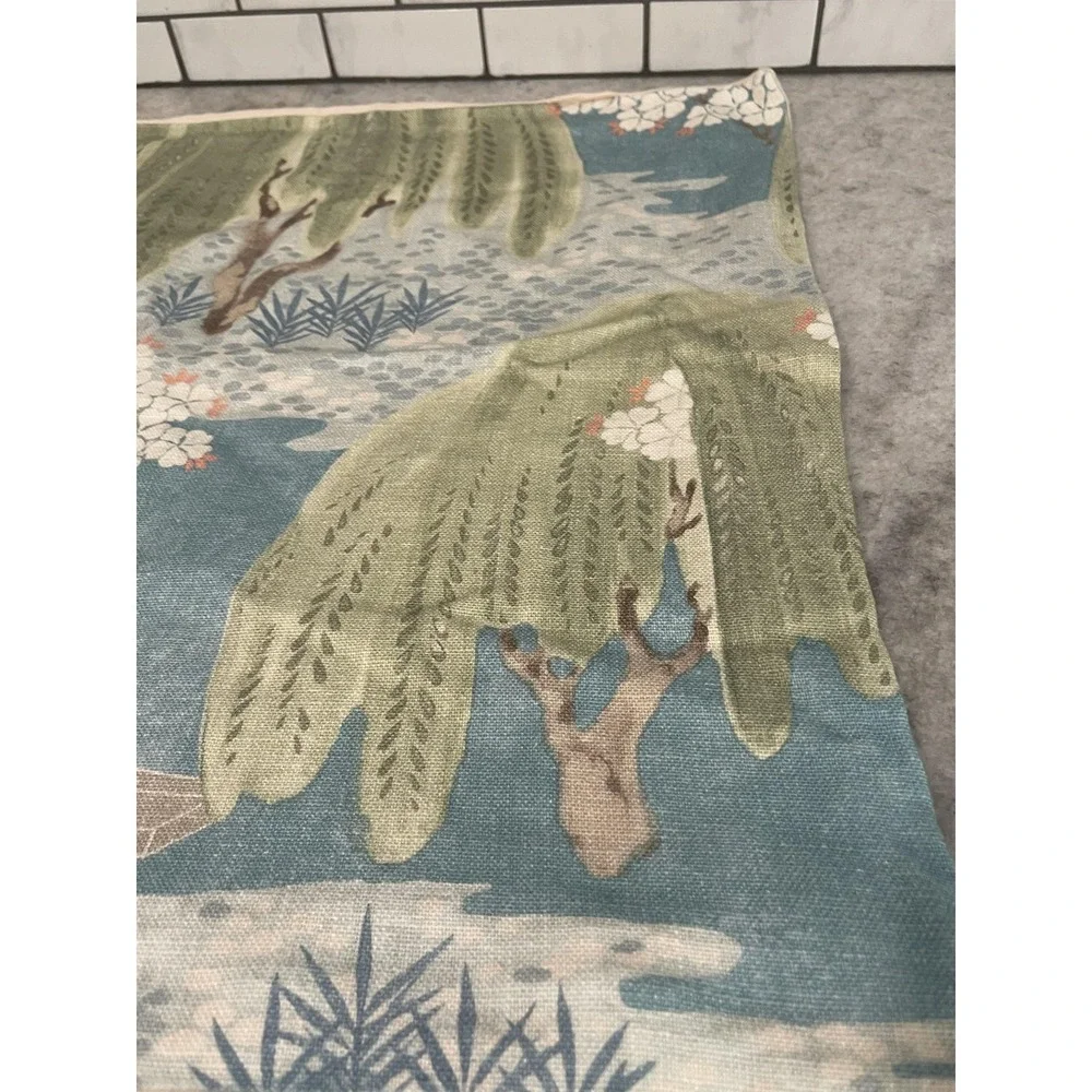 Blue Canvas Throw Pillow Cover 20x20 Asian Landscape Willow Cherry Blossoms
