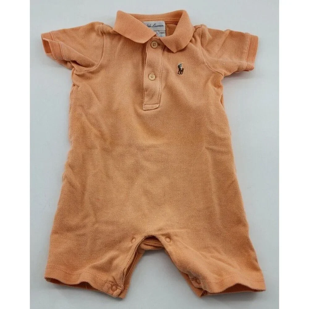 Ralph Lauren Orange Short Sleeve Pony‎ Logo Polo Romper One Piece Baby Size 6M