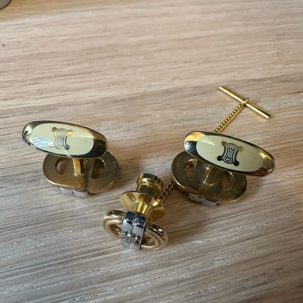 Celine Vintage Paris Logo Cufflinks & Tie Tack Set – Gold & Silver Tone