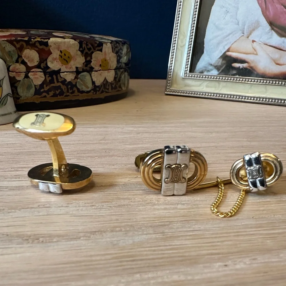 Celine Vintage Paris Logo Cufflinks & Tie Tack Set – Gold & Silver Tone