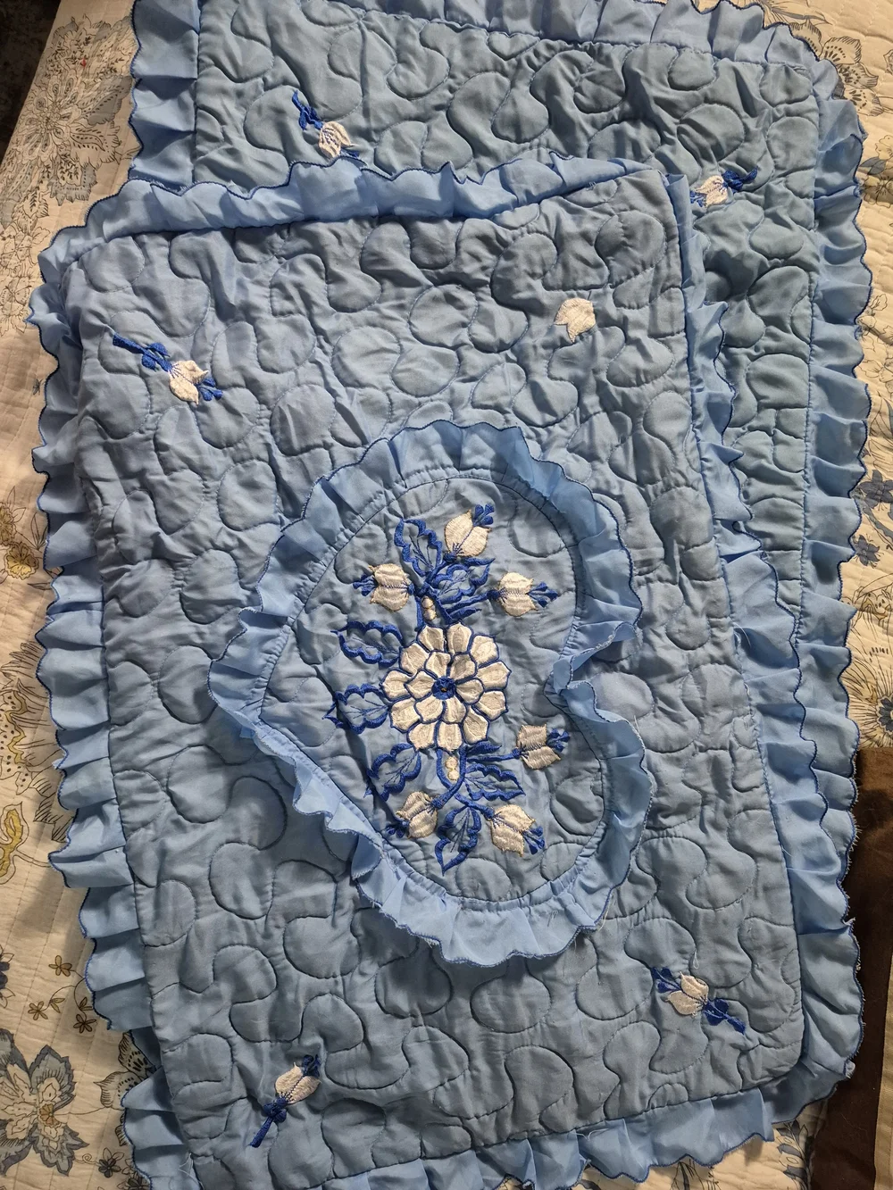 Light Blue Quilted Decorative Pillow Sham with Floral Embroidery