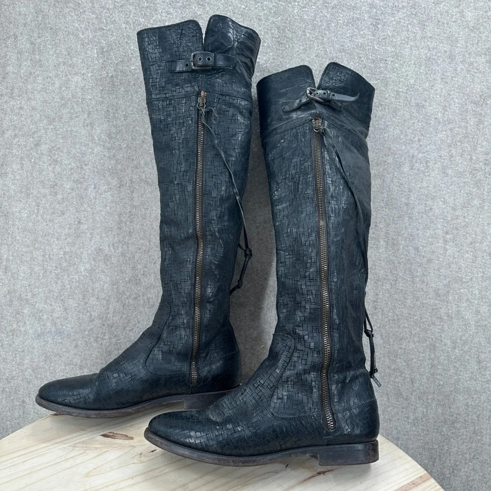 UGG Nicoletta Tall Boots Womens 10 Black Leather Over The Knee Flat Weave