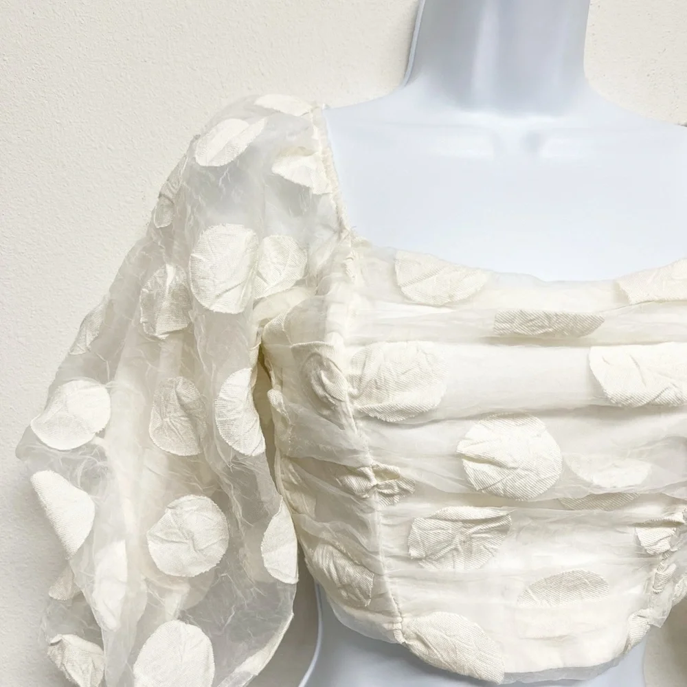 Zara Womens Bloggers Fave Cream Rose Petal Balloon Sleeve Cropped Top Size XS