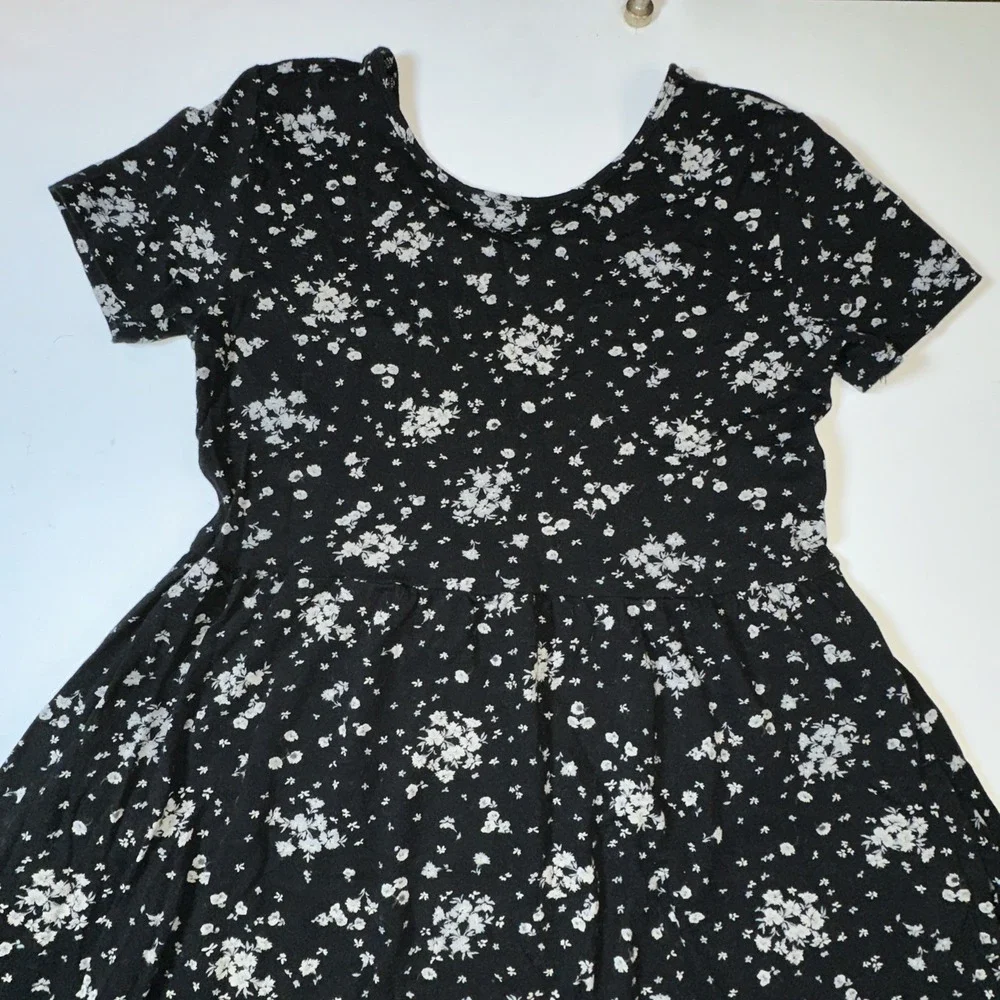 Old Navy Kid‎ Girls XL 14-16 Black Floral Tiered Short Sleeve Dress Pockets