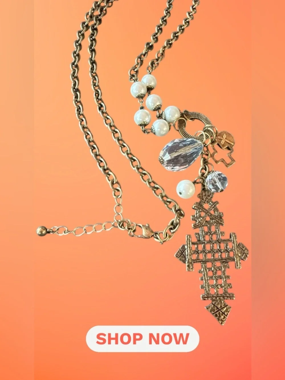 🔥Vintage Style Gold Tone Cross Charm Necklace w/ Faux Pearls & Crystal Beads