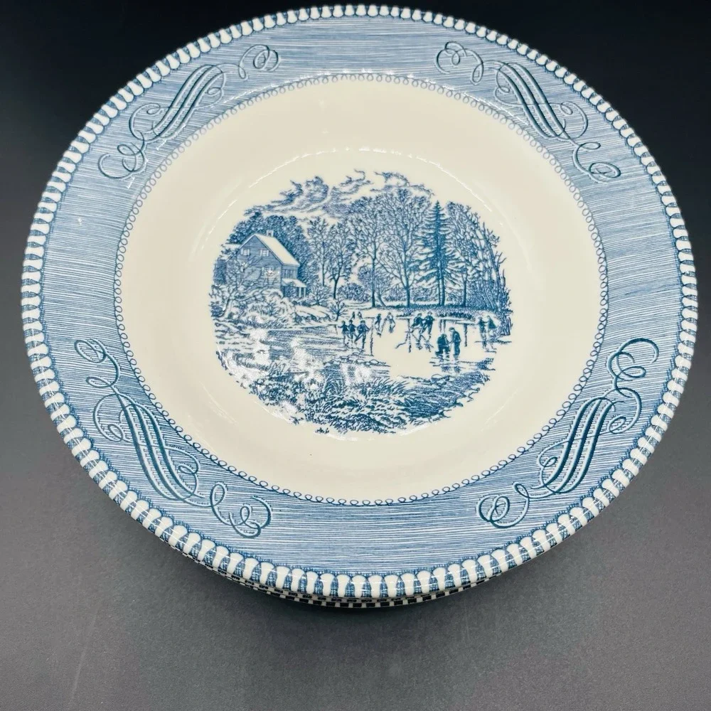 6 Currier & Ives Royal Blue 'Early Winter' Soup/Salad Bowls 8.5