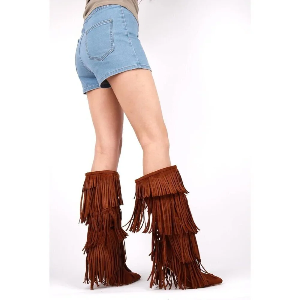 Women's Fringed Knee High Boots Pointy Toe Stilettos Faux Suede High Heels Boot