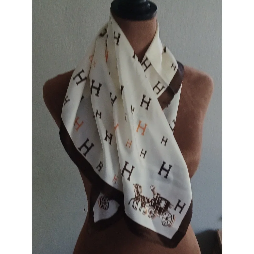 Equestrian Horse Carriage Monogram‎ Square Scarf Cream Brown 26x26 Neck Wrap