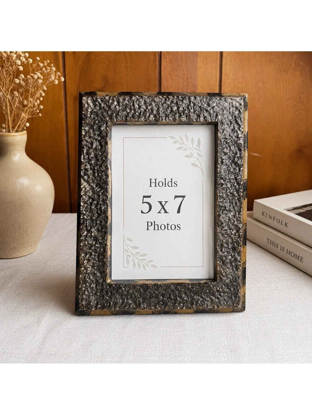 Vintage 5x7 Textured Silver Tone Photo Frame Distressed Black Gold Easel Back