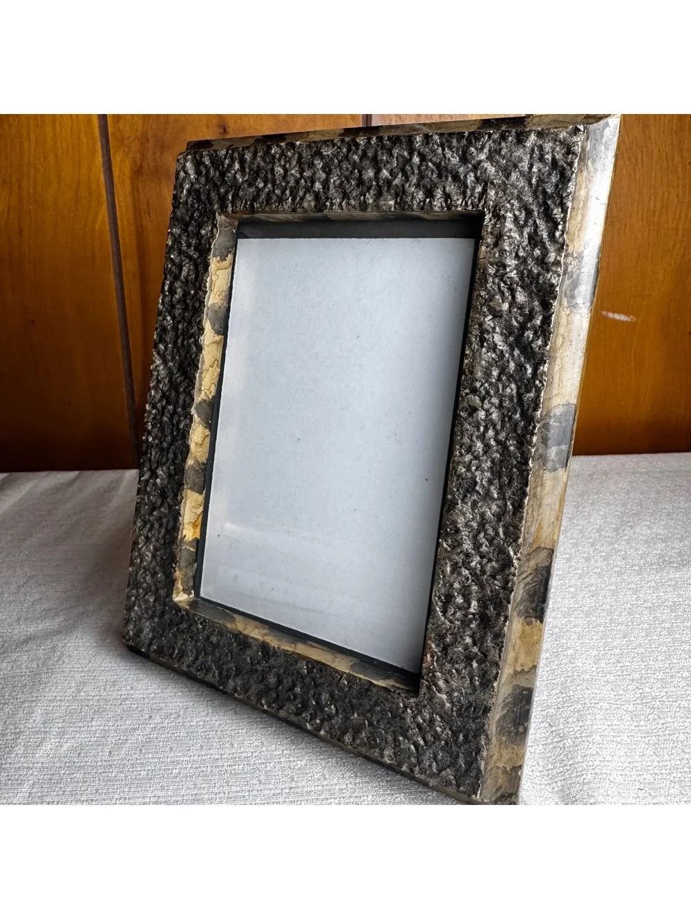Vintage 5x7 Textured Silver Tone Photo Frame Distressed Black Gold Easel Back