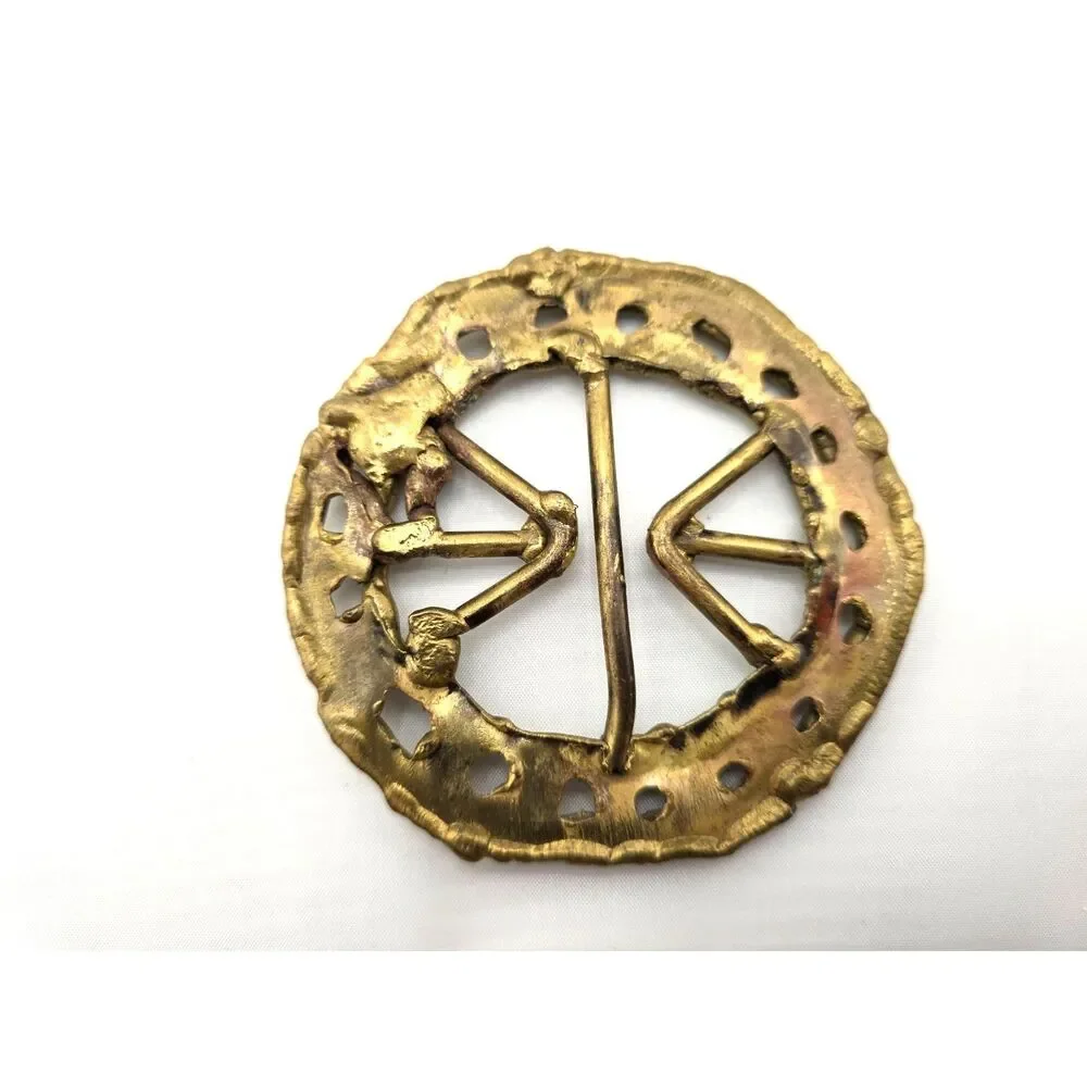 Vtg. Handcrafted Round Brass Belt Buckle Sash Scarf Slide 3