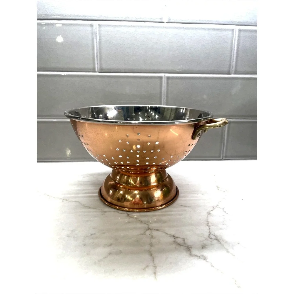 Vintage Solid Korean Copper Colander Footed Strainer Brass Handles Farmhouse 9