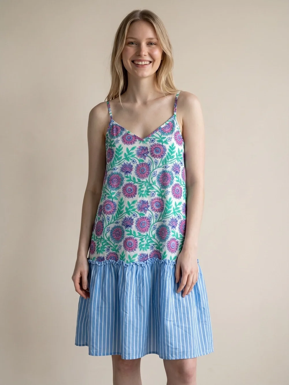 J.Crew Floral Mixed Print Sundress Tiered Striped Hem Cotton Cottagecore Dress