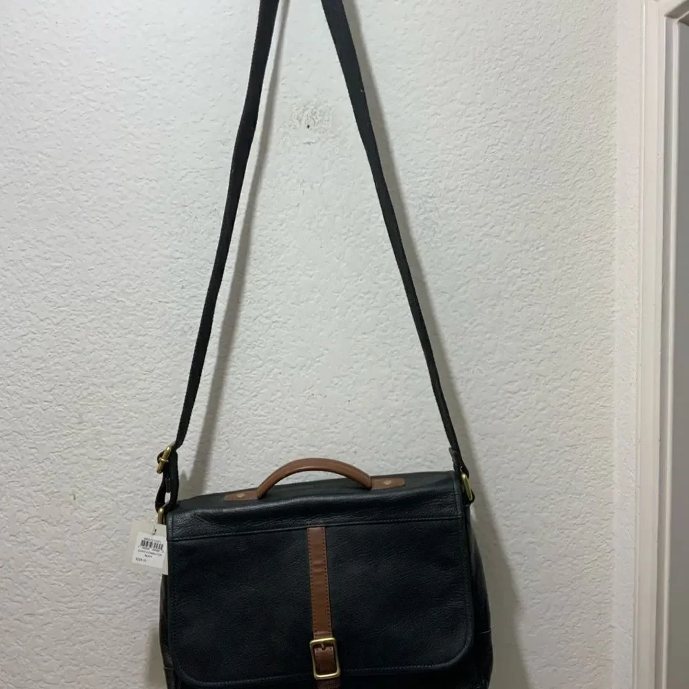 Fossil Black Leather Evan Commuter Satchel Messenger Bag New