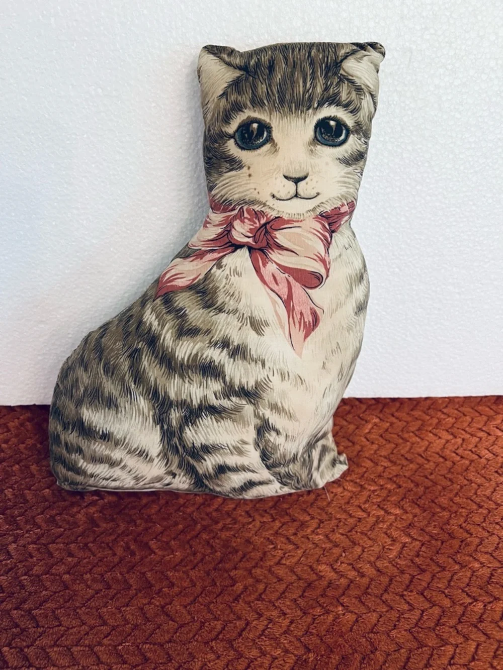 Vintage Tabby Cat Pillow with Pink Bow 1970’s Ithaca Kitty from Sewing Pattern