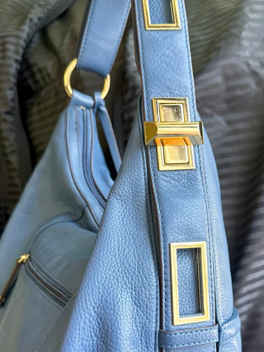 Tignanello Blue Leather Hobo Shoulder Bag Gold Hardware EUC