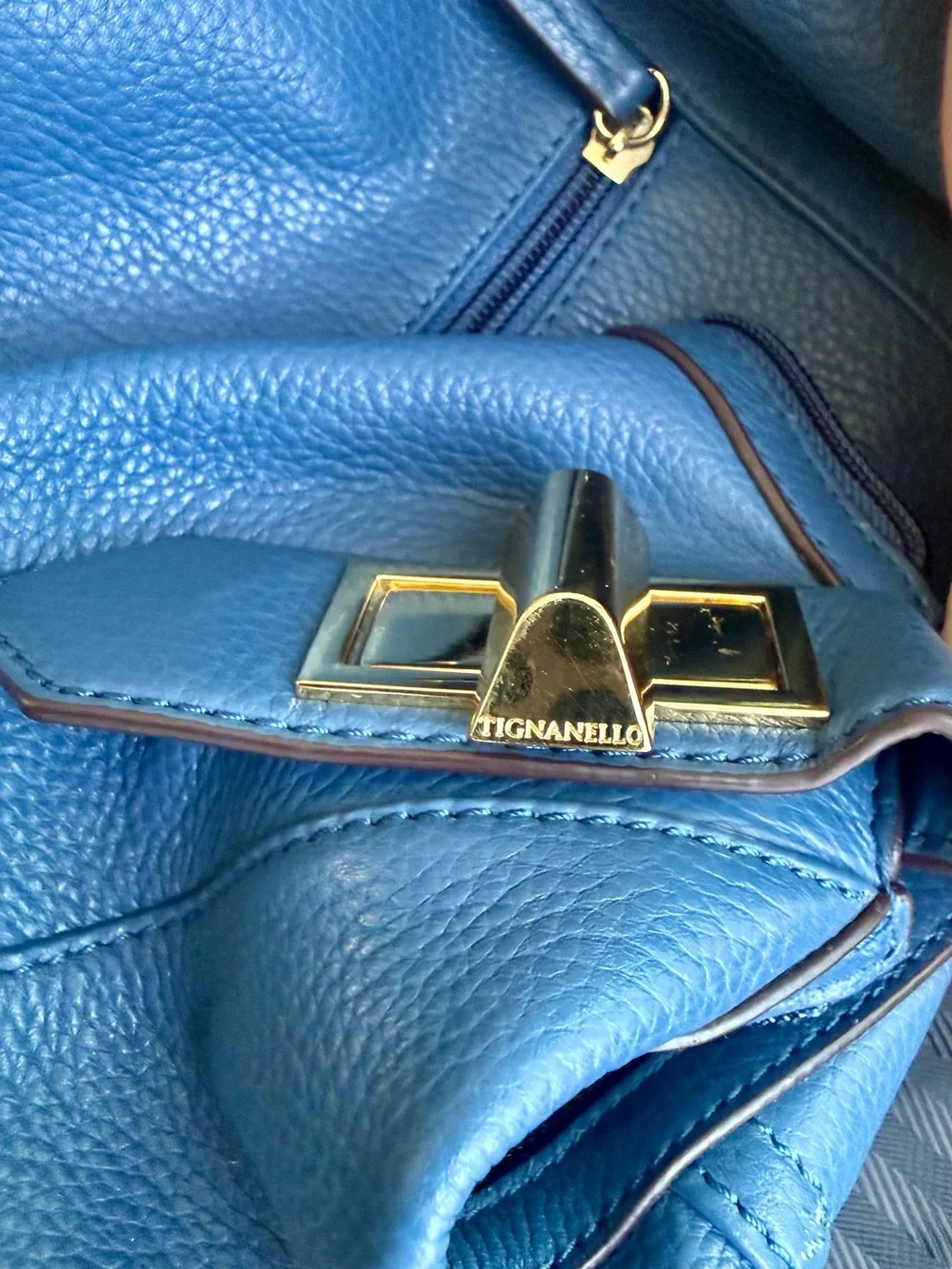 Tignanello Blue Leather Hobo Shoulder Bag Gold Hardware EUC