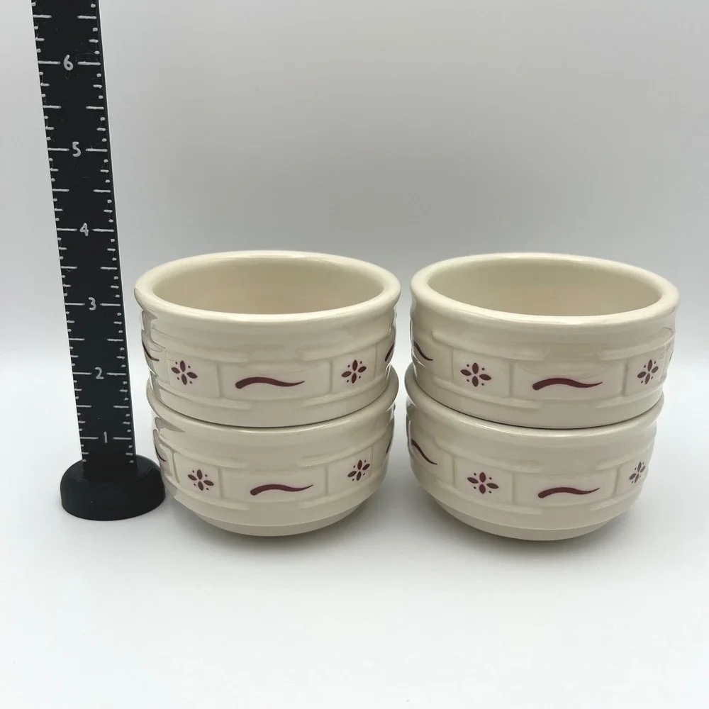 Longaberger Woven Traditions Red Stackable Custard Cups Pottery Set of 4 USA