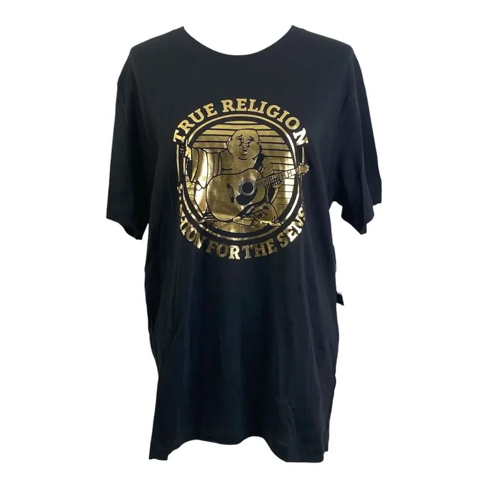 True Religion Buddha Foil Logo Shirt Mens Large Black Gold Short Sleeve Crewneck