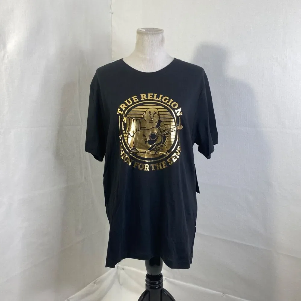 True Religion Buddha Foil Logo Shirt Mens Large Black Gold Short Sleeve Crewneck