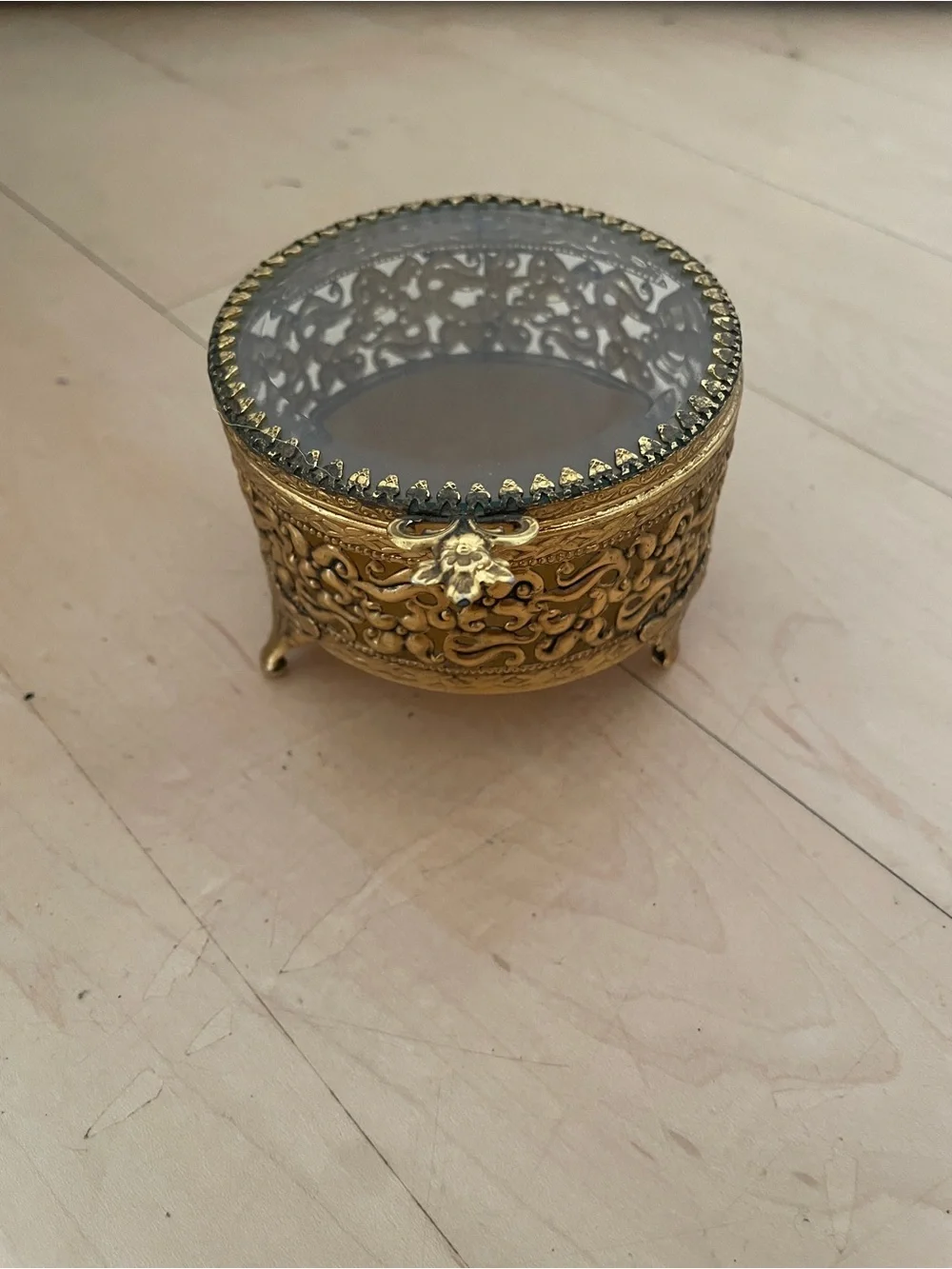 Vintage Gold Ormolu Beveled Glass Jewelry Casket Round Filigree Trinket Box 3