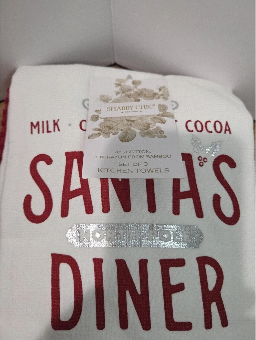 Shabby Chic Santa's North Pole Diner Kitchen Towels Set Of 3 Christmas...