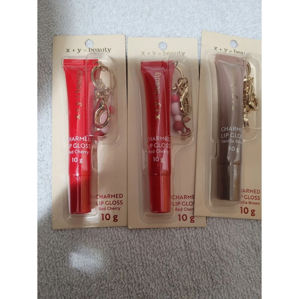 x + y = beauty Charmed Lip Gloss Women 3pk Red Brown NEW Keychain Charm 10g Each