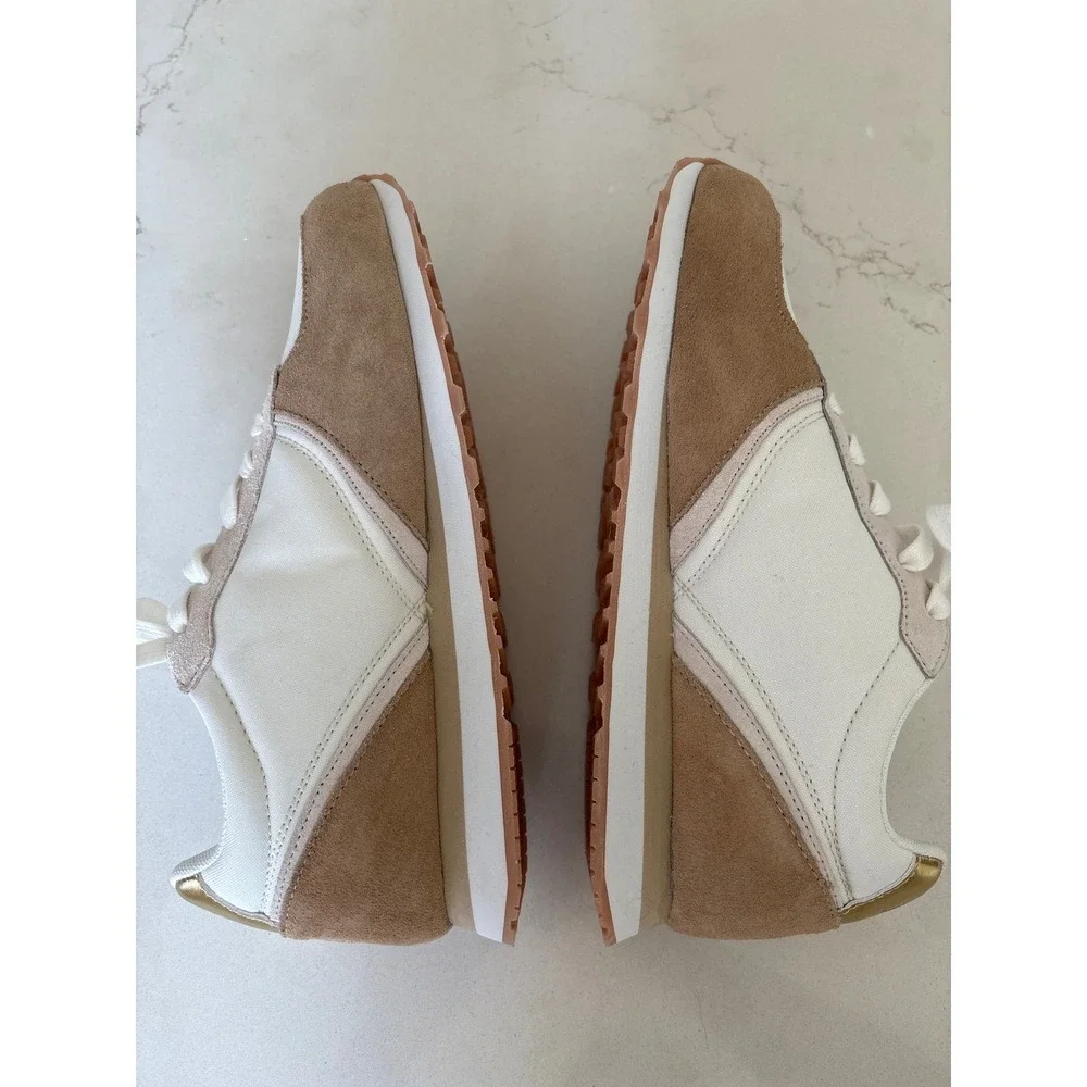 J.Crew Womens Court Sneakers White‎ Tan Suede Gold Metallic BN870 Size 10 Preppy