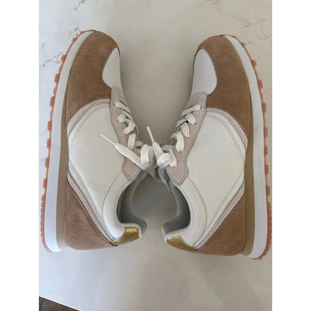 J.Crew Womens Court Sneakers White‎ Tan Suede Gold Metallic BN870 Size 10 Preppy